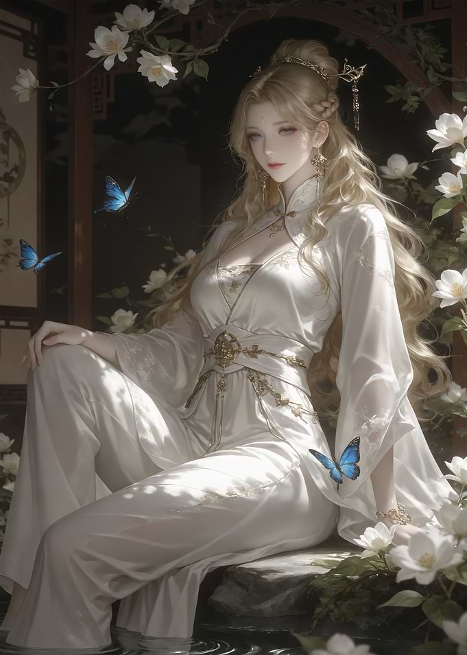 Ethereal Blonde Woman in Traditional Attire