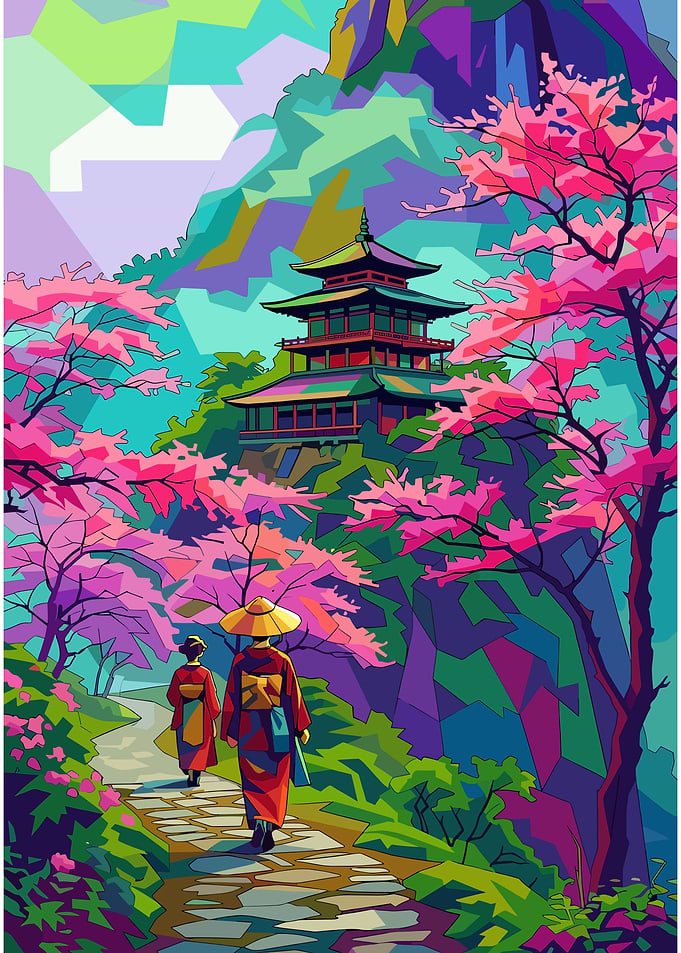 Vibrant Pop Art Japanese Temple Scene