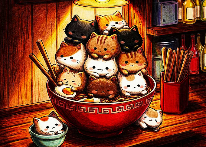 Cute Cats in a Ramen Bowl