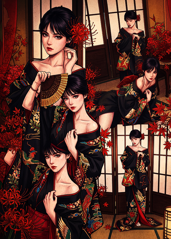 Elegant Woman in Traditional Kimono Collage