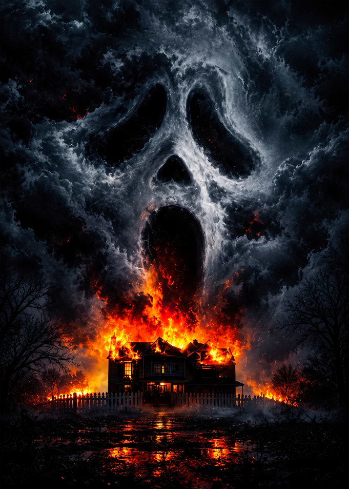 Scream Ghostface Cloud Over Burning House