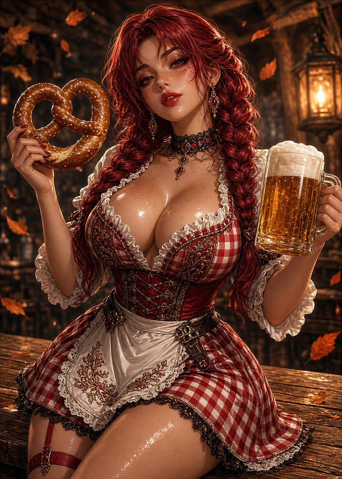Oktoberfest Girl with Beer and Pretzel
