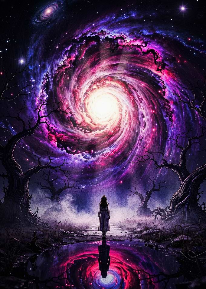 Girl Standing Under Cosmic Spiral Galaxy