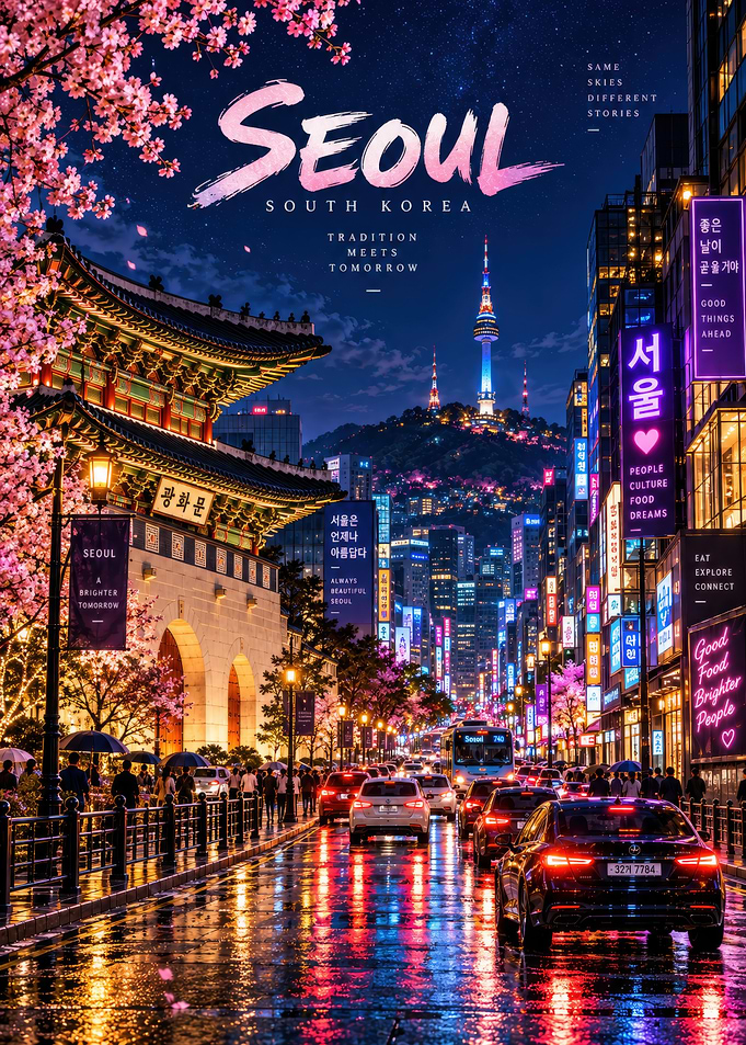 Seoul Night Cityscape with Cherry Blossoms