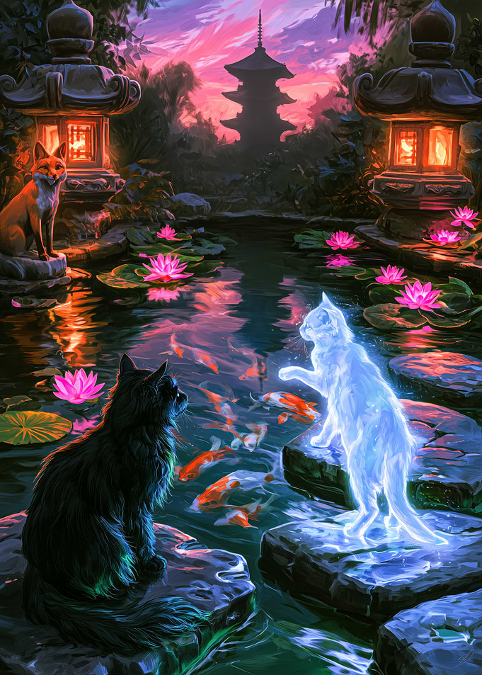 Mystical Cats at Japanese Garden Pond