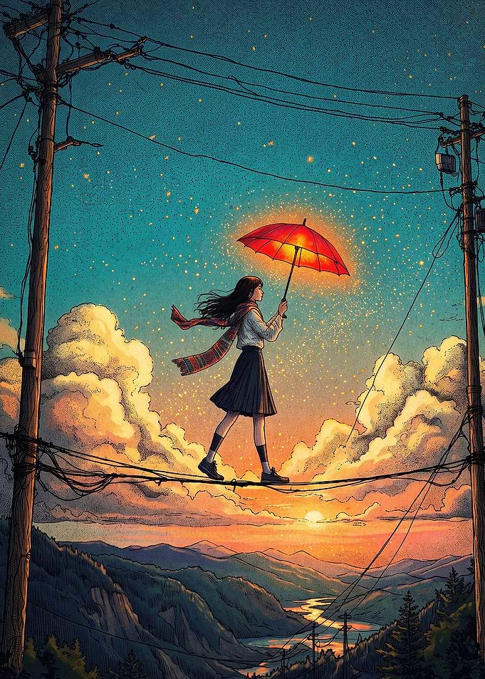 Girl Walking on Power Lines