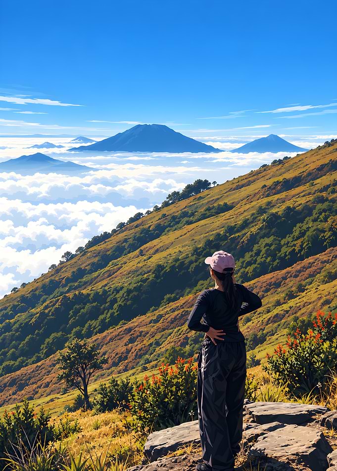 Hiker overlooking mountain peaks above clouds