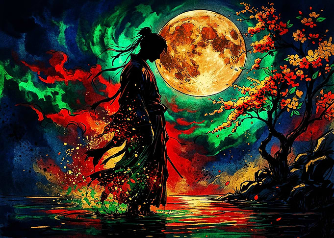 Samurai Silhouette Under Full Moon