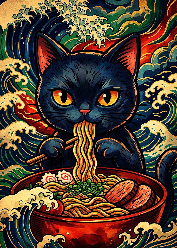 Black Cat Eating Ramen Ukiyo-e Style