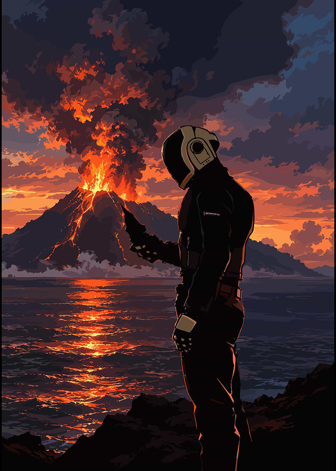 Astronaut Watching Volcanic Eruption
