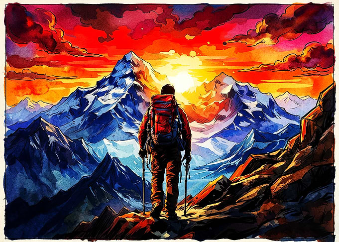 Hiker Facing Majestic Mountain Sunset