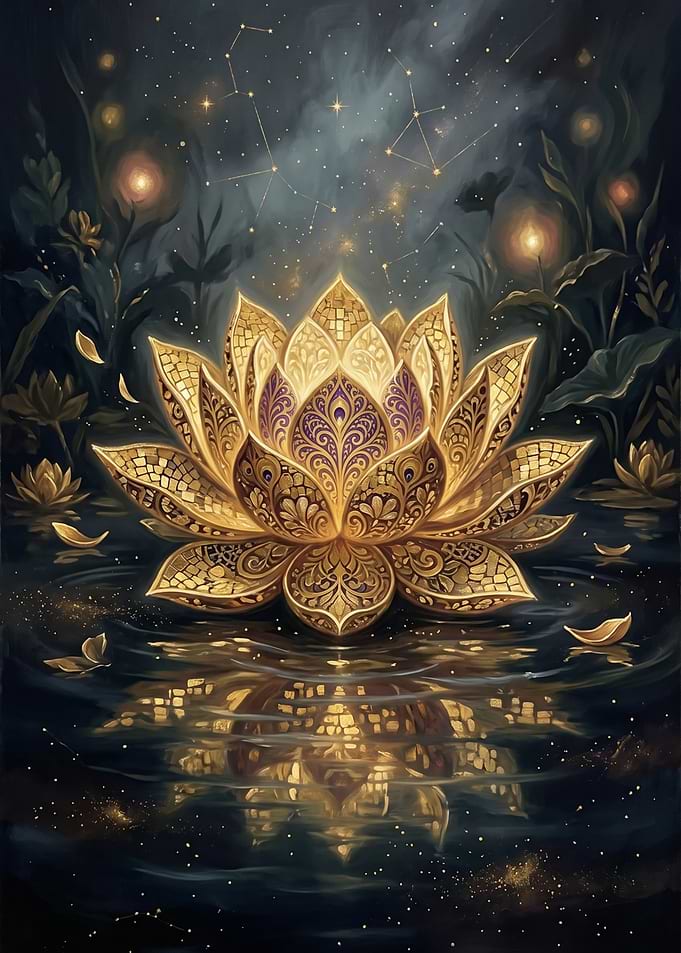 Golden Lotus Flower in Night Pond