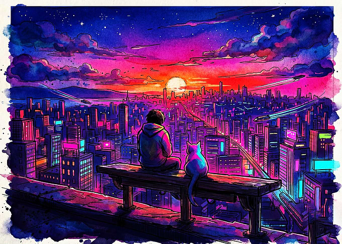 Person and Cat Watching Cyberpunk Sunset