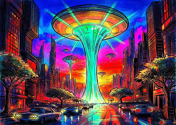 Neon Alien Invasion Over Cityscape