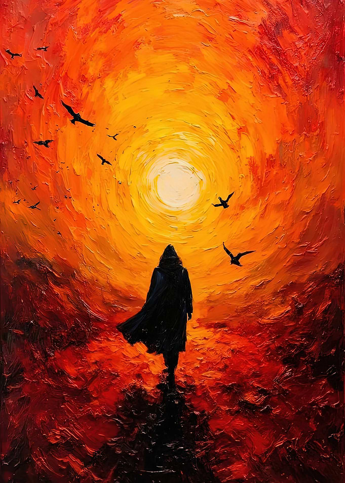 Lone Figure Walking Toward Radiant Sun