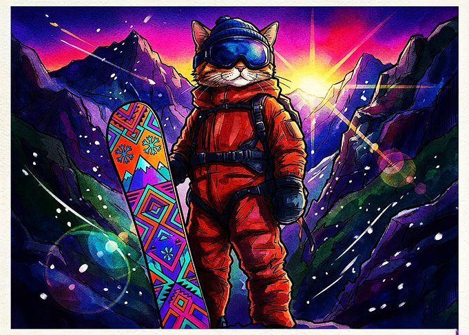 Cool Cat Snowboarder in Mountains
