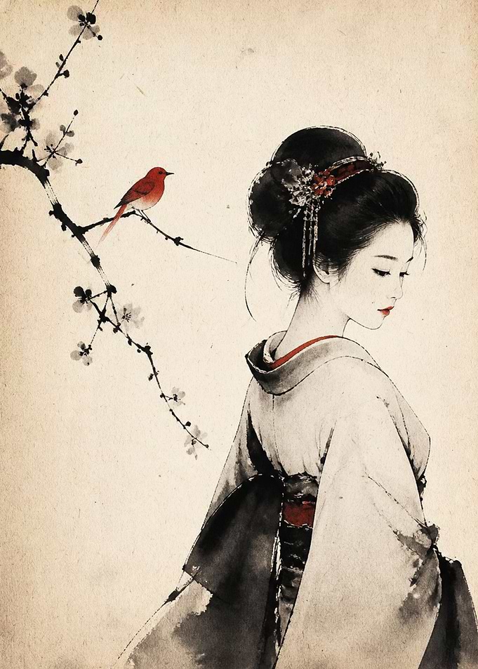 Geisha with Bird and Plum Blossom