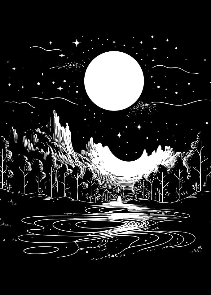 Black and White Moonlit Landscape