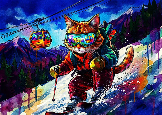 Watercolor Cat Skiing in Mountains