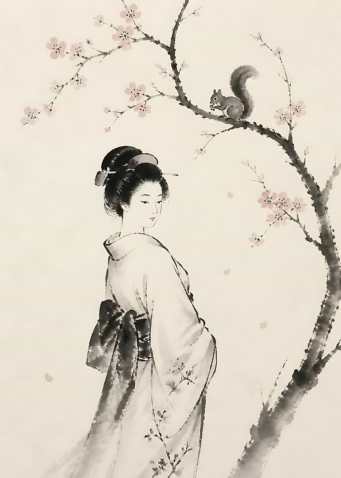 Geisha and Squirrel Under Cherry Blossoms