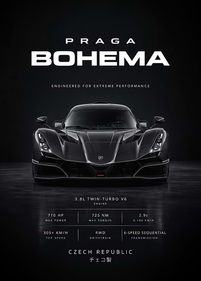 black sleek Praga Bohema Hypercar Specification Poster