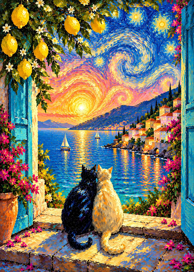 Cats Watching Sunset Over Mediterranean Coast