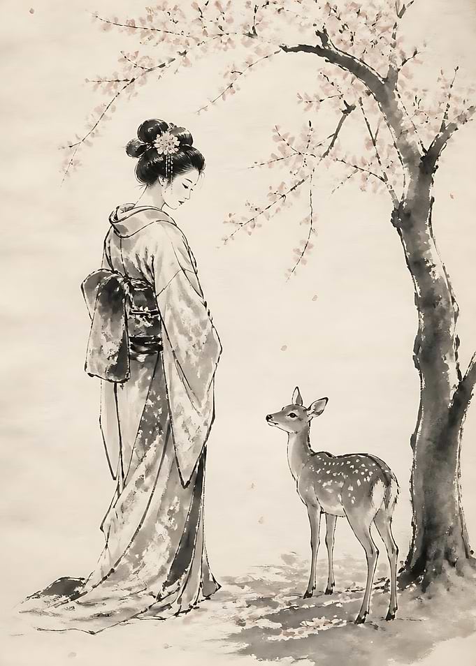 Woman in Kimono with Fawn