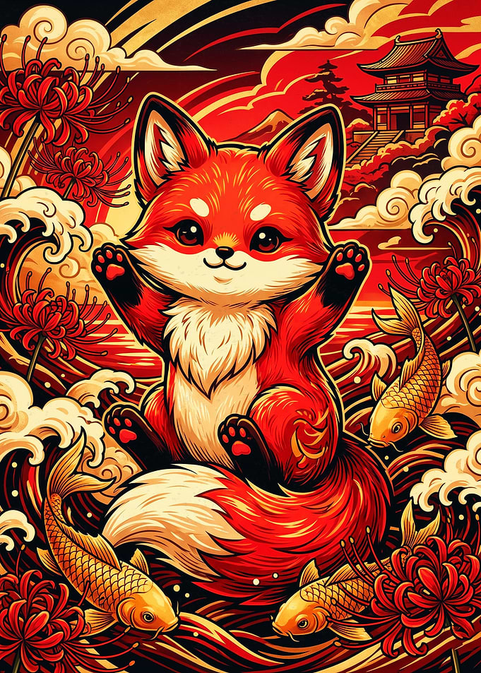Cute Fox with Koi and Flowers