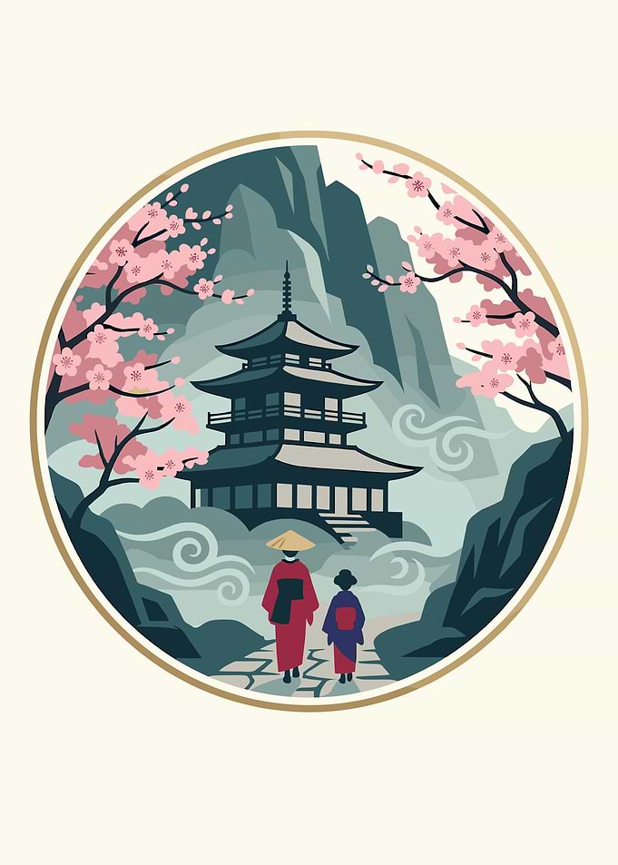 Japanese Temple and Cherry Blossoms Illustration