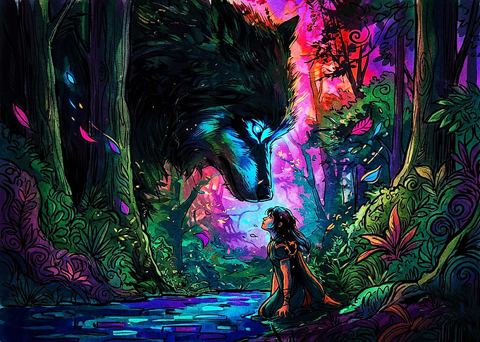 Girl Meeting Giant Magical Wolf
