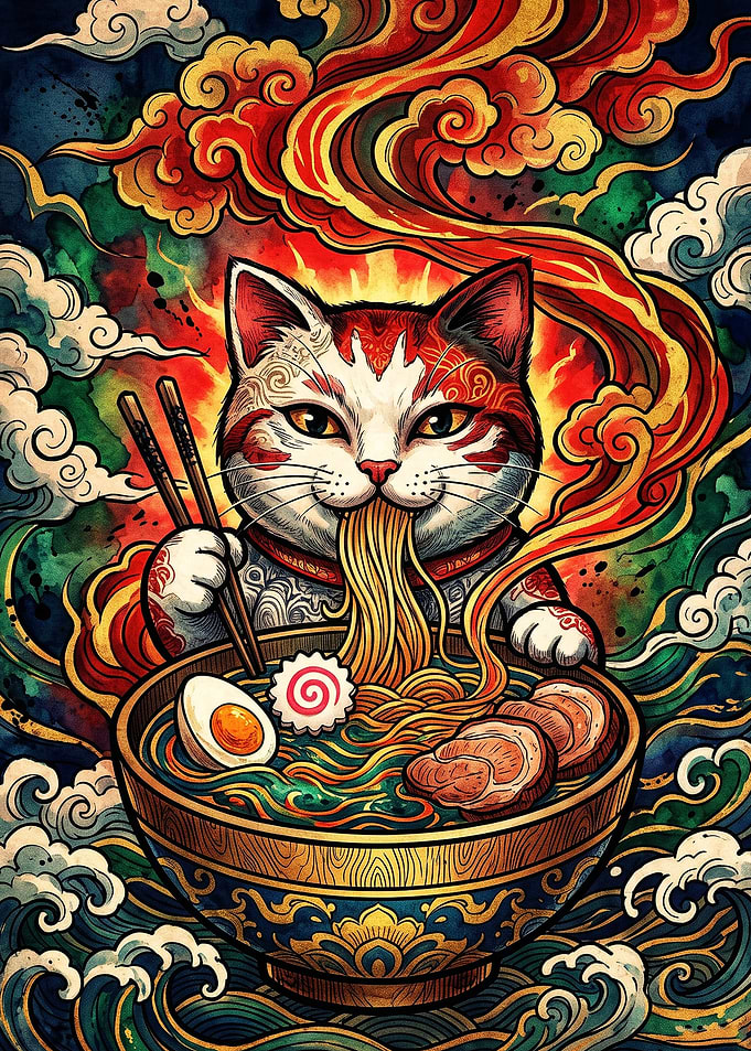 Cat Eating Ramen Japanese Art