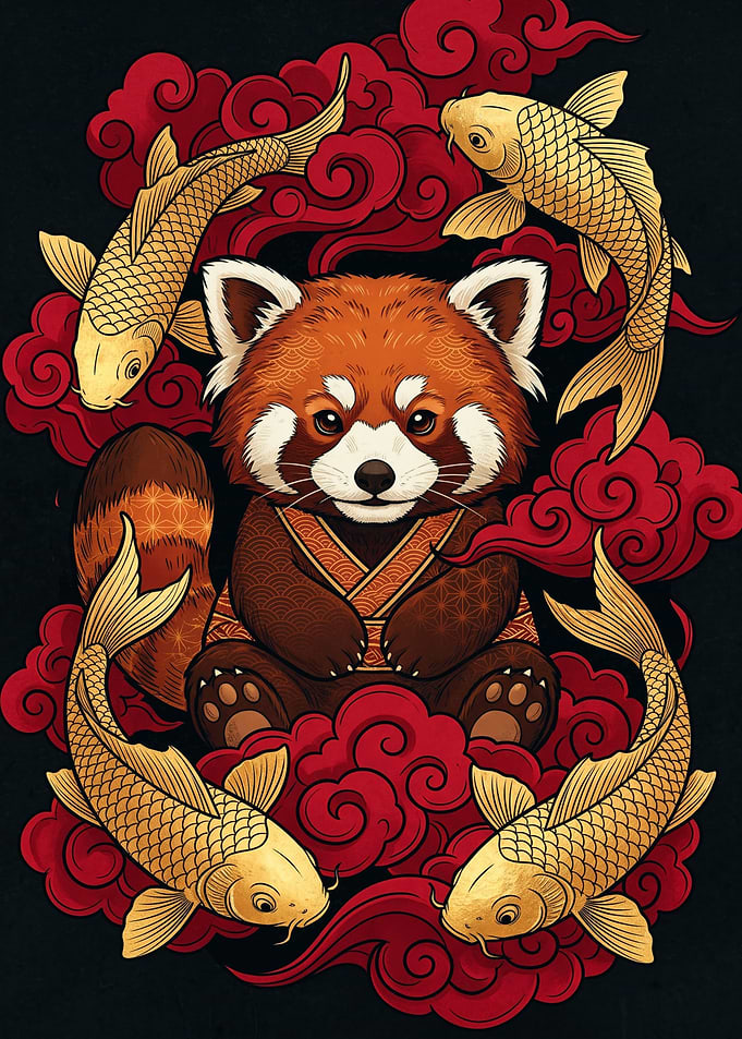 Red Panda with Golden Koi Fish