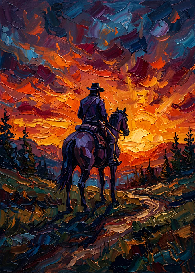 Lone Cowboy Riding Into Sunset