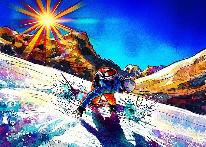 Vibrant Watercolor Snowboarding Action