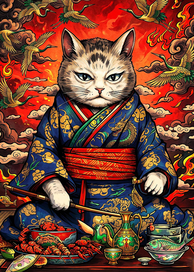 Samurai Cat in Traditional Kimono