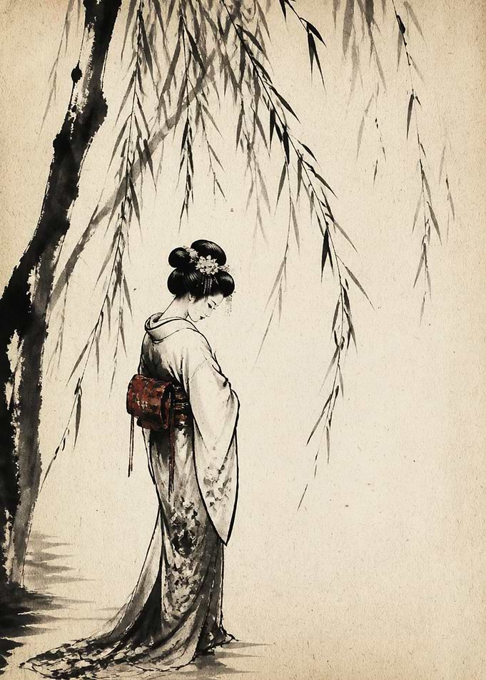 Geisha Standing Under Willow Tree