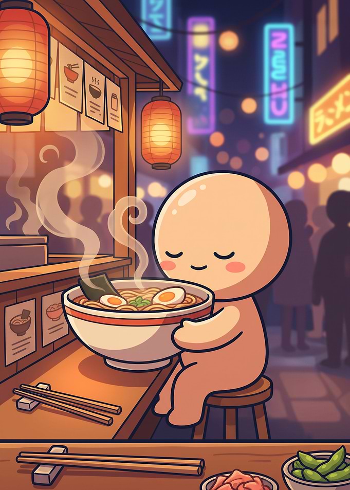 Cute Character Enjoying Hot Ramen