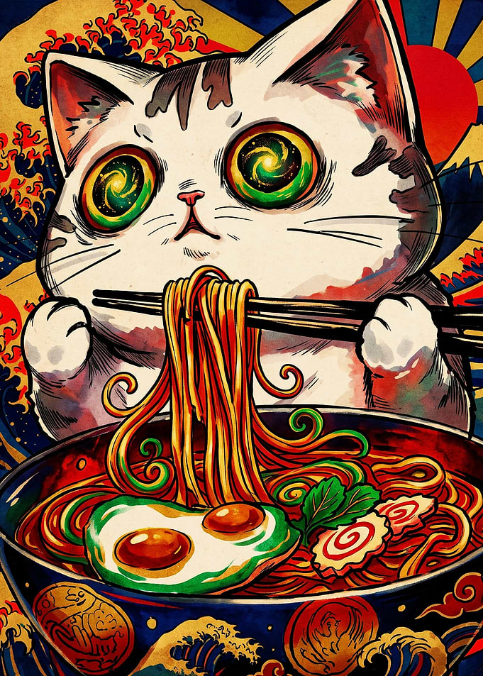 Cat Eating Ramen Japanese Art