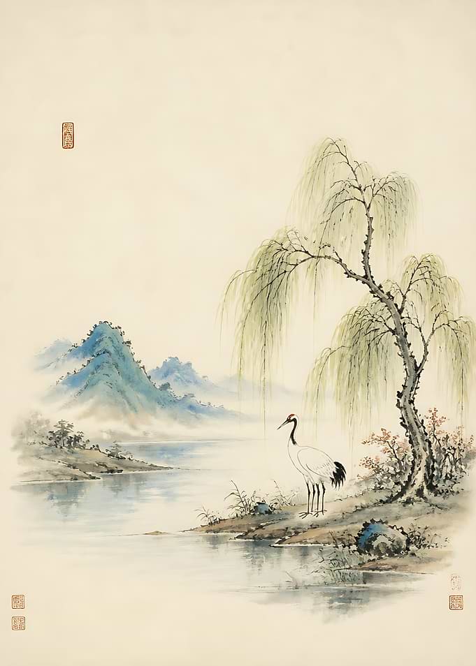 Traditional Chinese Ink Wash Crane Painting