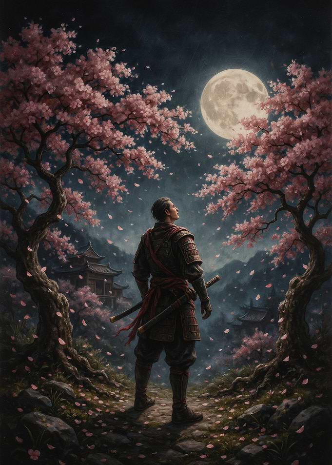 Samurai Under Moonlight and Cherry Blossoms