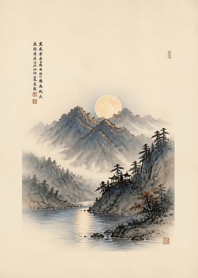 Traditional Chinese Ink Wash Mountain Landscape