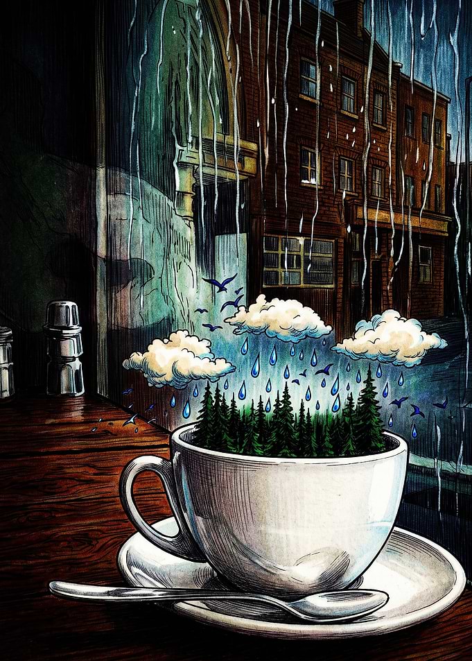 Rainy Forest Inside a Coffee Cup