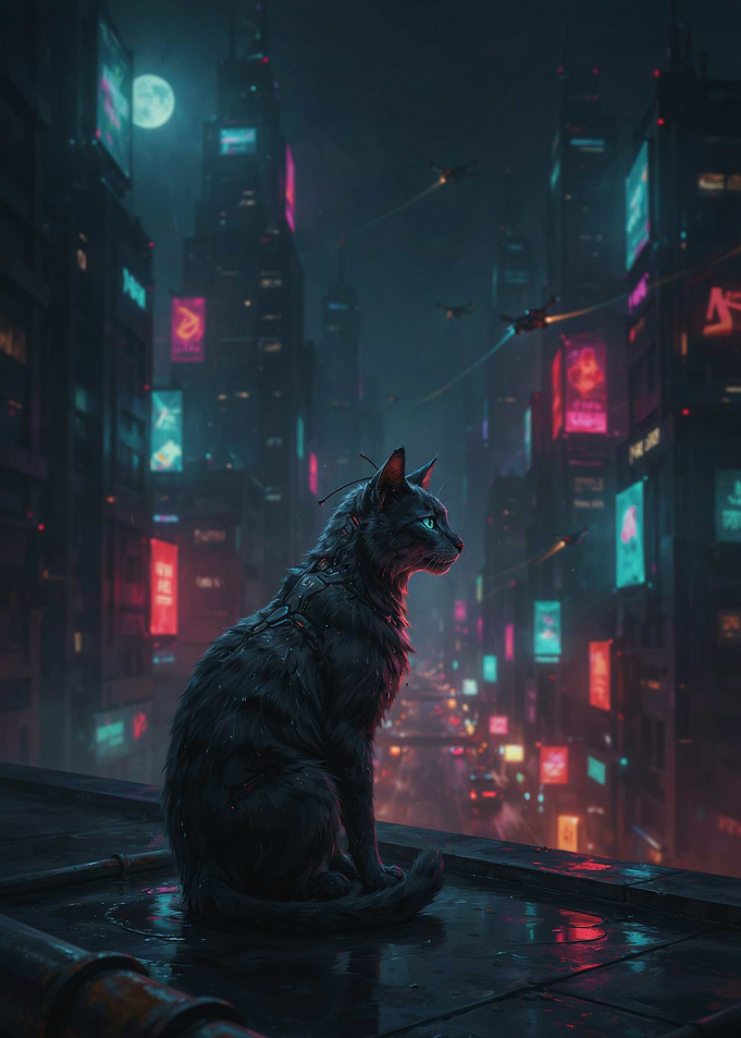 Cyberpunk Cat Overlooking Neon City