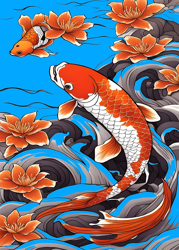 Koi Fish and Lotus Flowers Illustration