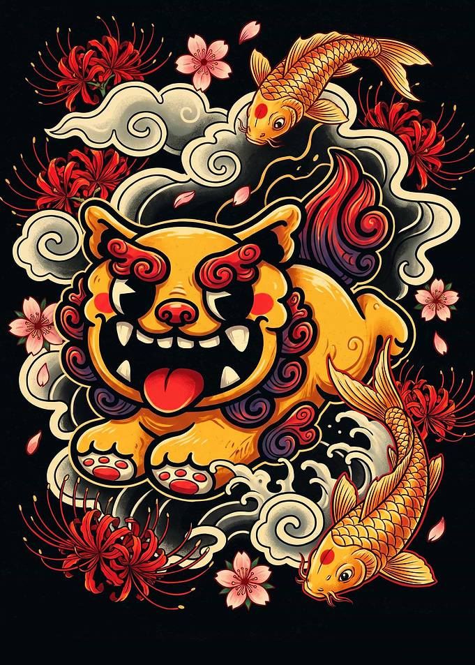 Japanese Style Guardian Lion and Koi