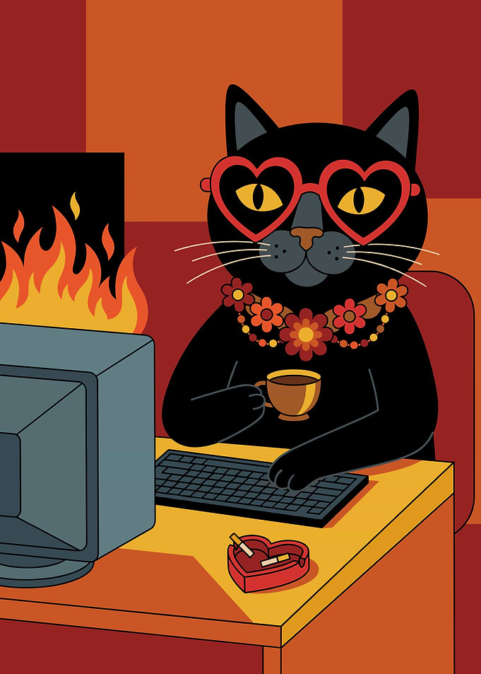 Black Cat Working at Computer
