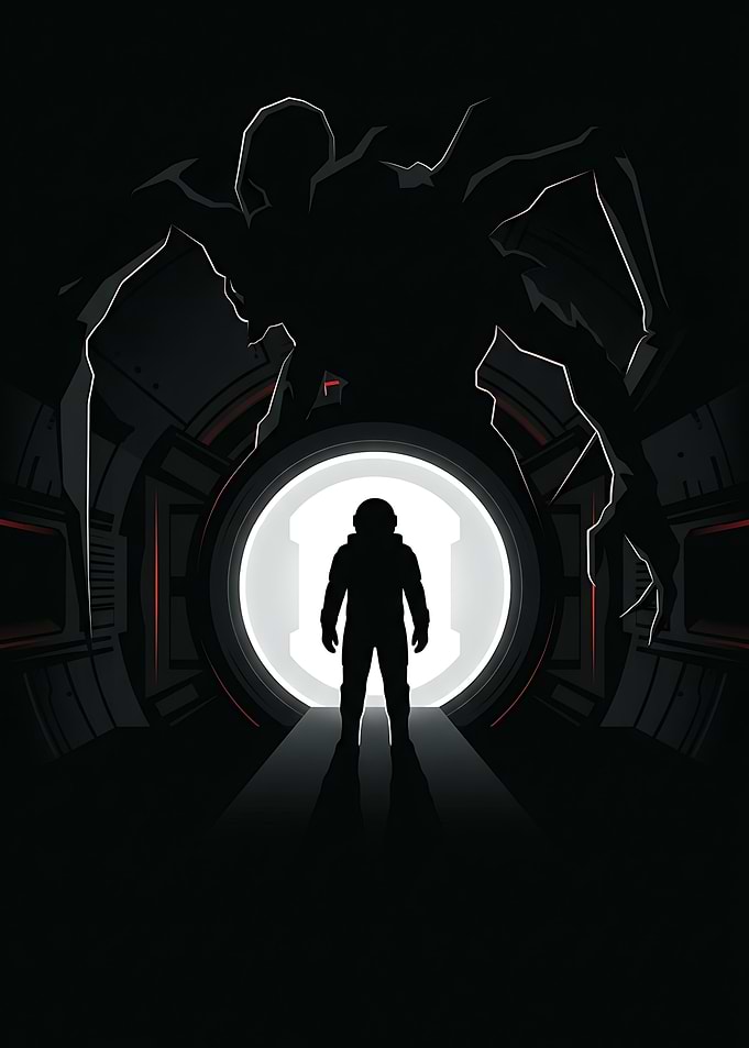 Astronaut Facing Alien Creature Silhouette