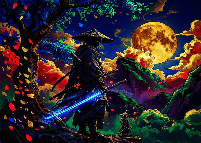 Samurai Under a Glowing Moon