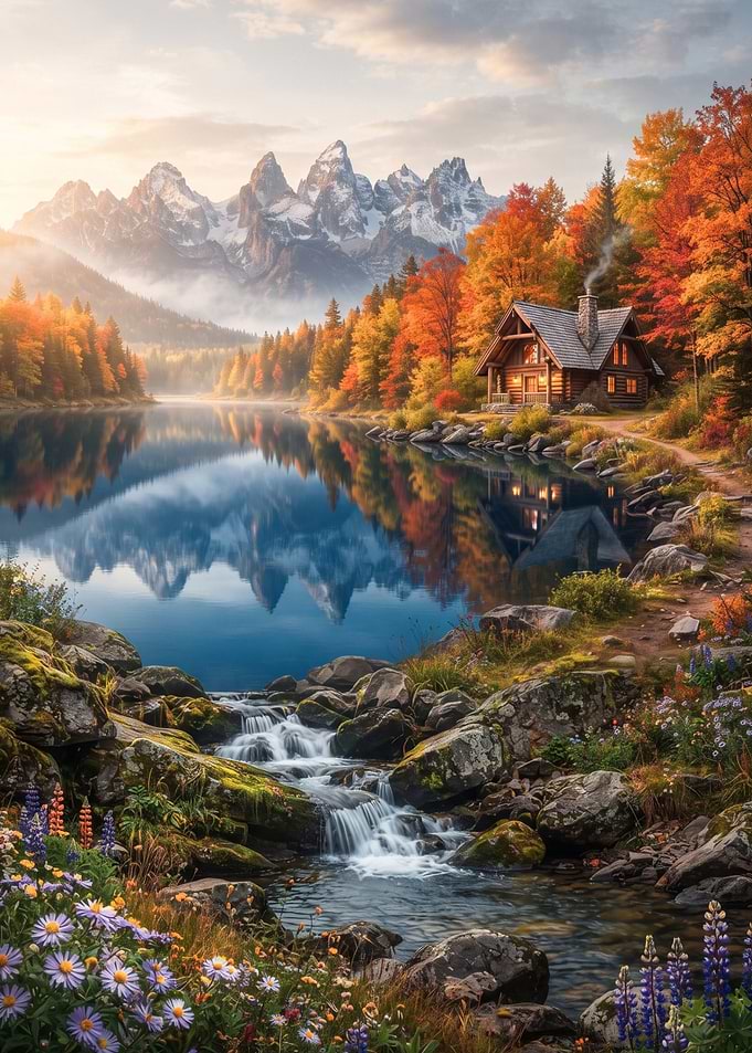 Autumn Cabin by Mountain Lake