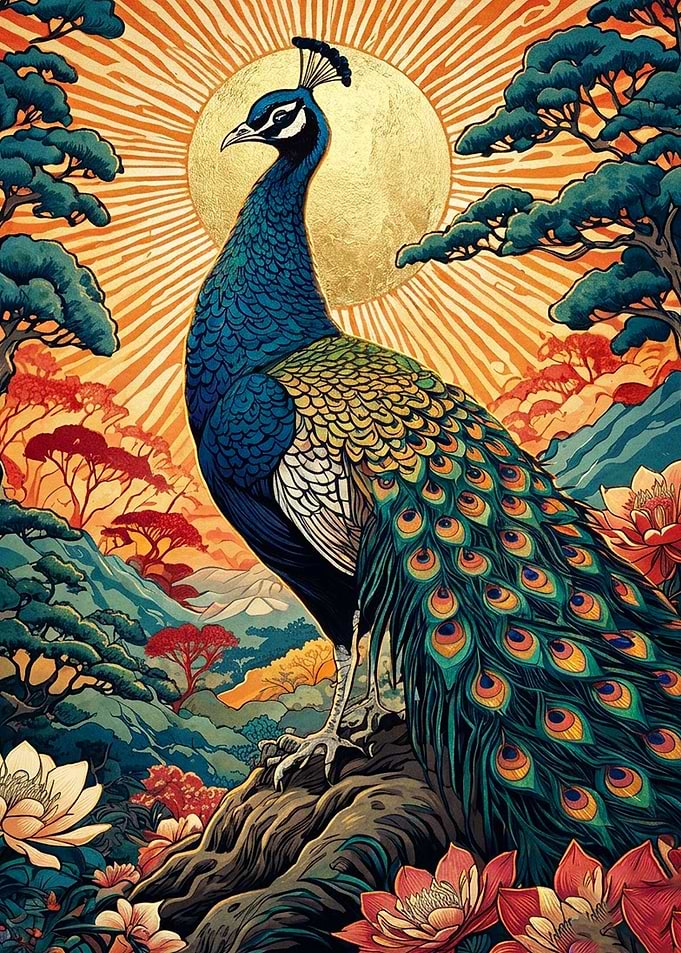 Majestic Peacock in Golden Sun